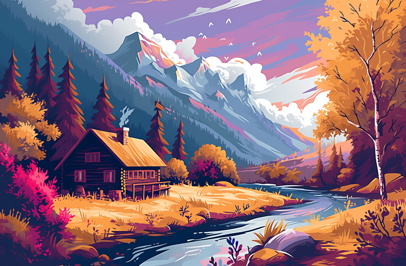 Dusk Scenic Cottage by the Mountain Paint by Numbers