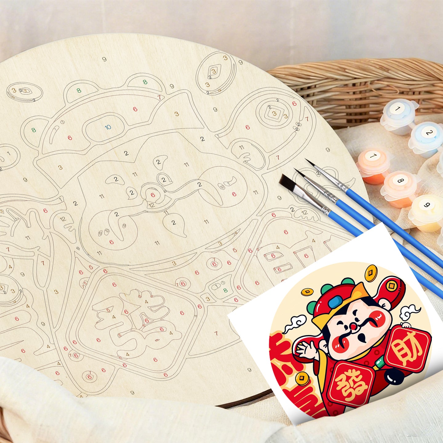 Drawings with the theme of wealth DIY. Paint by numbers on Wood Slice.20cm