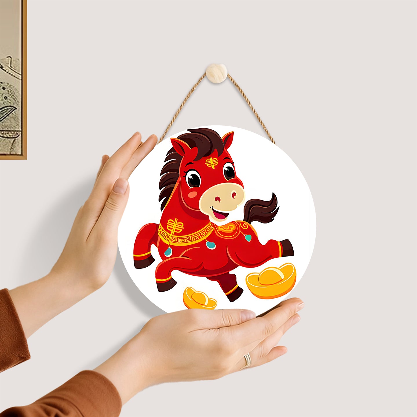 Lucky Chinese Red Pony. Paint by numbers on Wood Slice.20cm