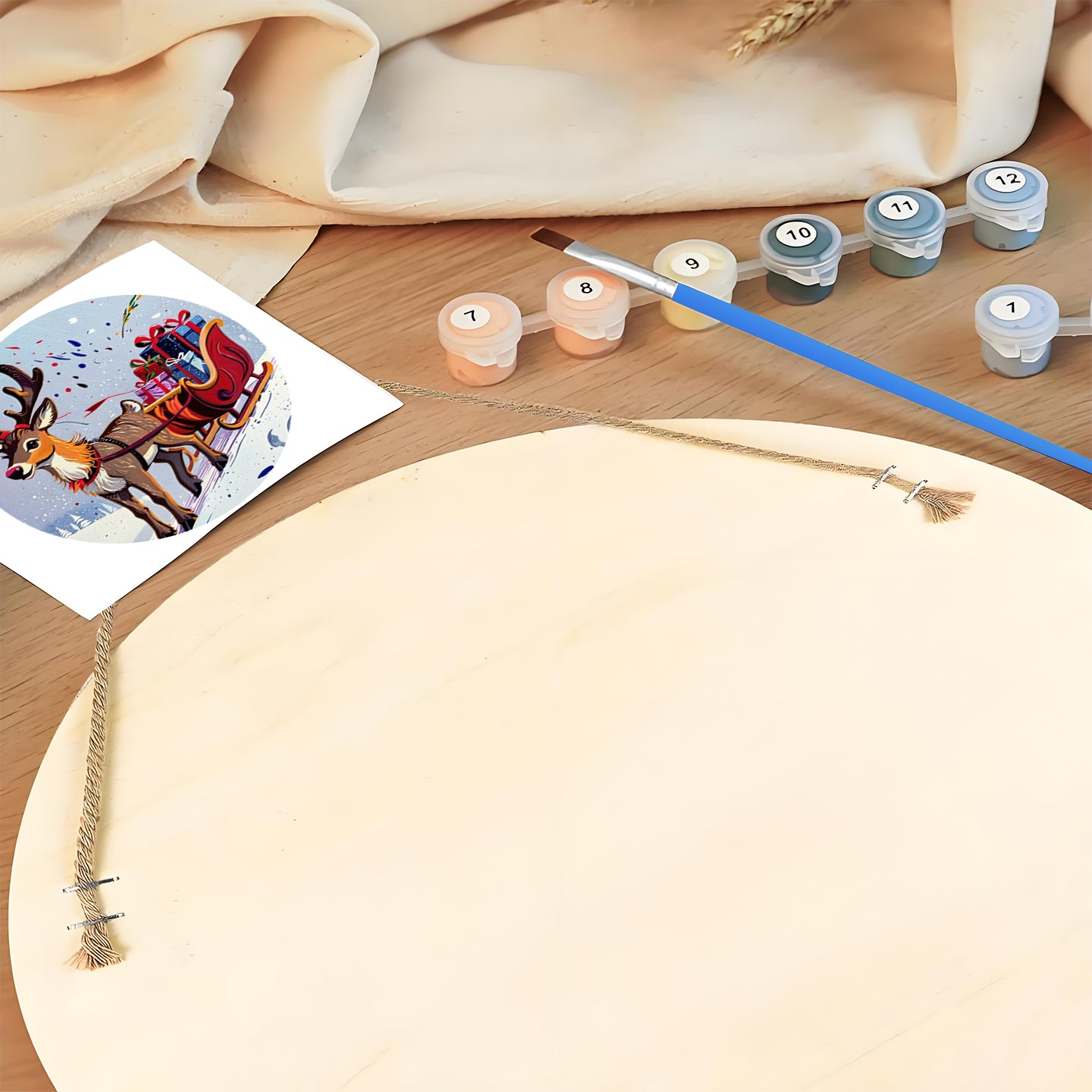 Reindeer sleigh, Christmas gift DIY. Paint by numbers on Wood Slice. 20cm.