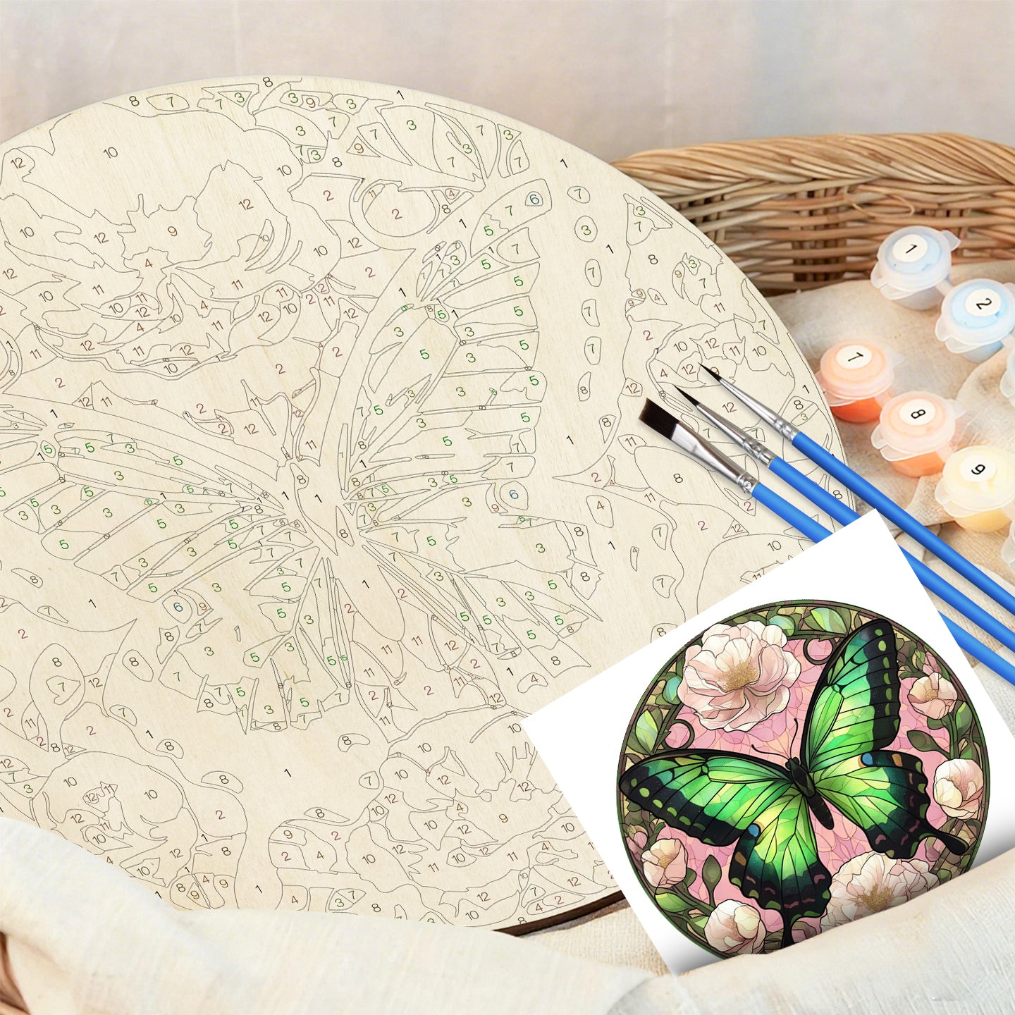 Enchanted Green Butterfly. Paint by numbers on Wood Slice.20cm