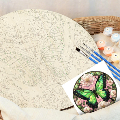 Enchanted Green Butterfly. Paint by numbers on Wood Slice.20cm