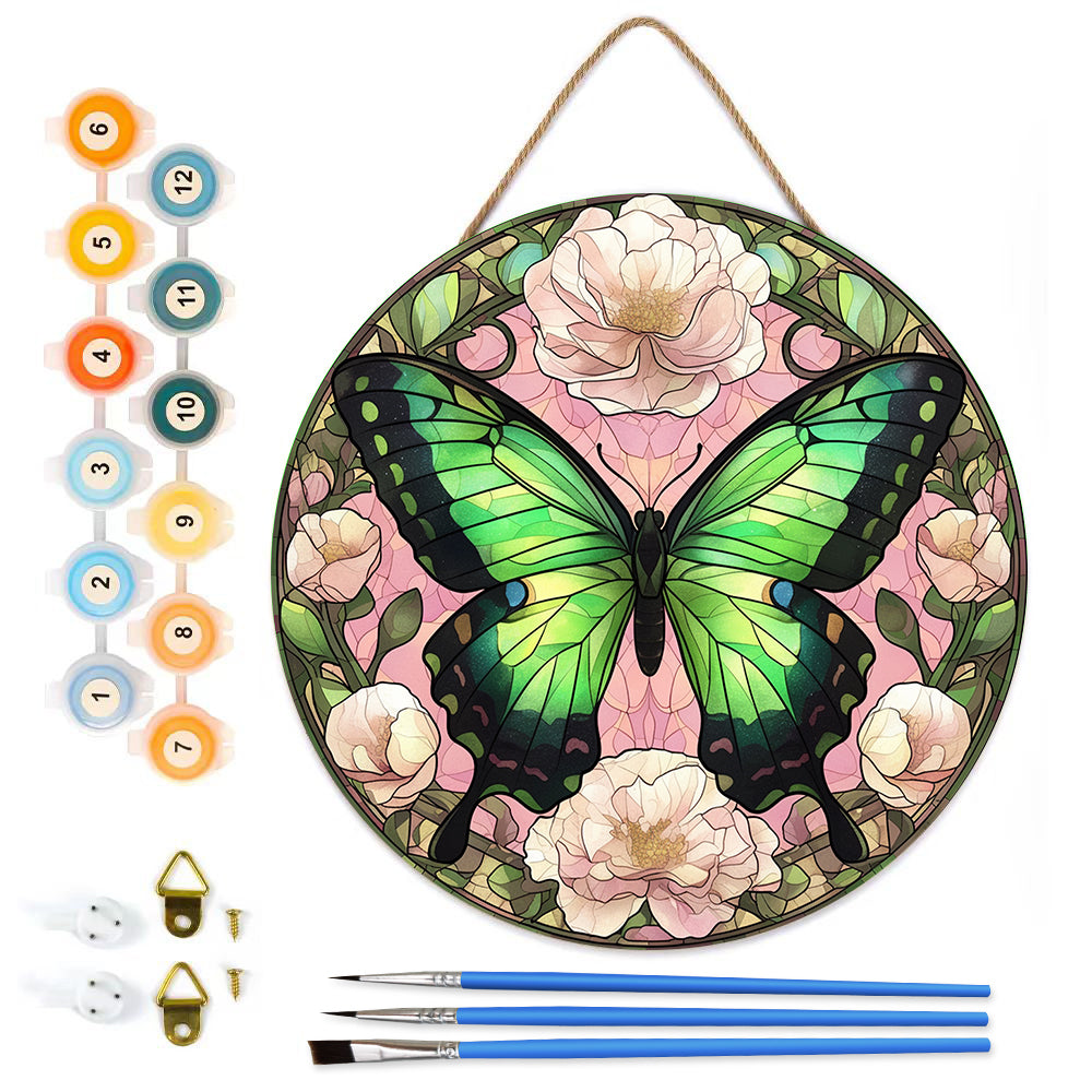 Enchanted Green Butterfly. Paint by numbers on Wood Slice.20cm