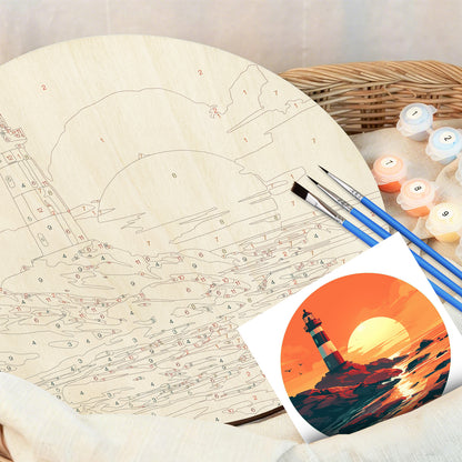 Lighthouse at Sea. Paint by numbers on Wood Slice.20cm.