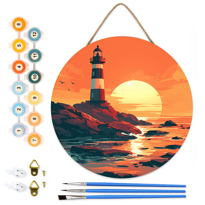 Lighthouse at Sea. Paint by numbers on Wood Slice.20cm.