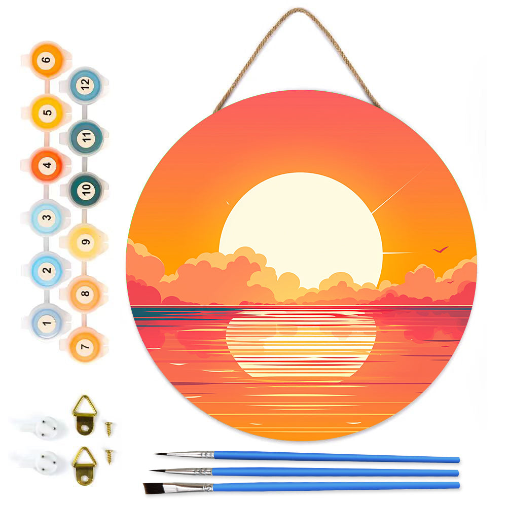 Sunrise over the sea DIY. Paint by numbers on Wood Slice.20cm.