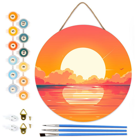 Sunrise over the sea DIY. Paint by numbers on Wood Slice.20cm.