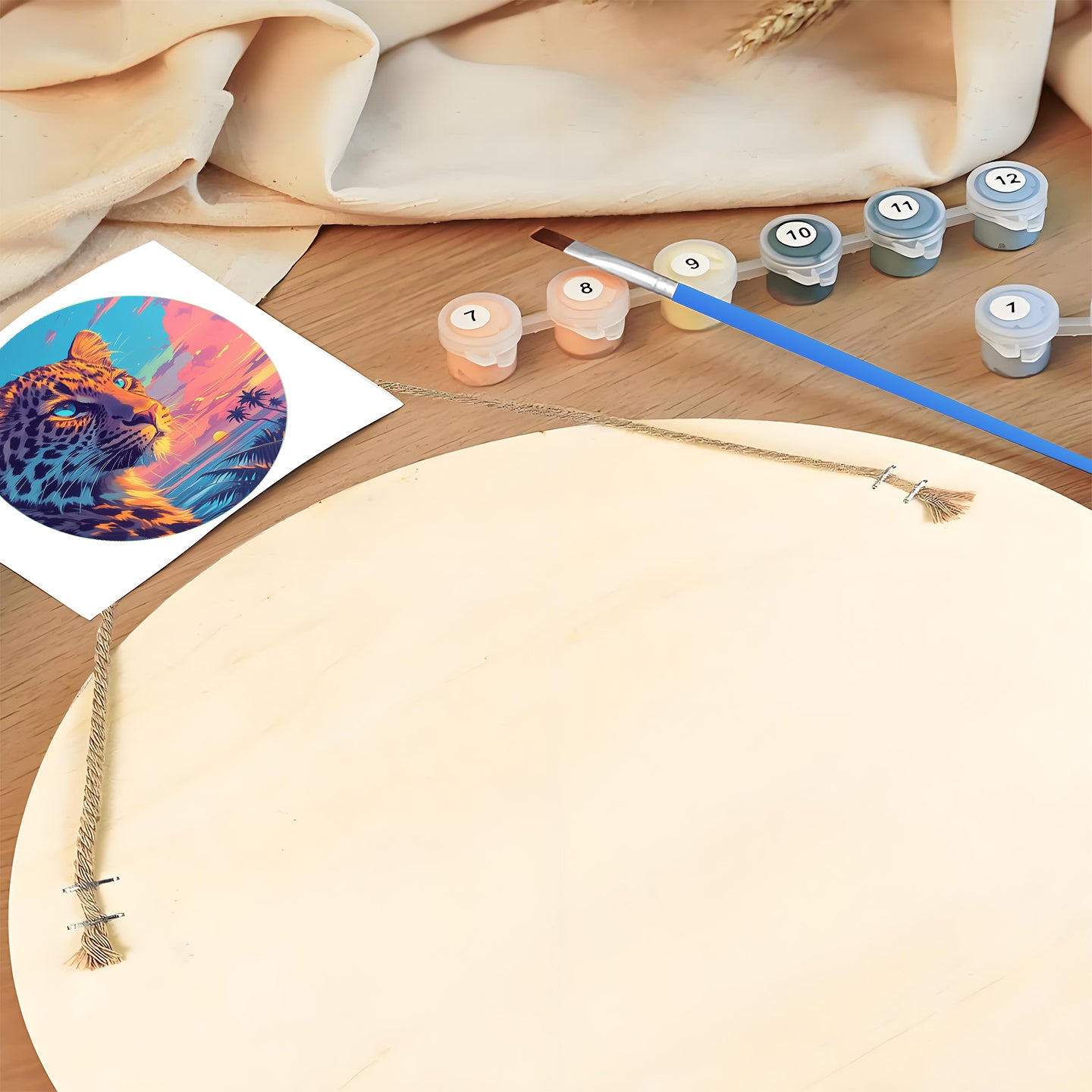 Fierce Leopard DIY. Paint by numbers on Wood Slice. 20cm.