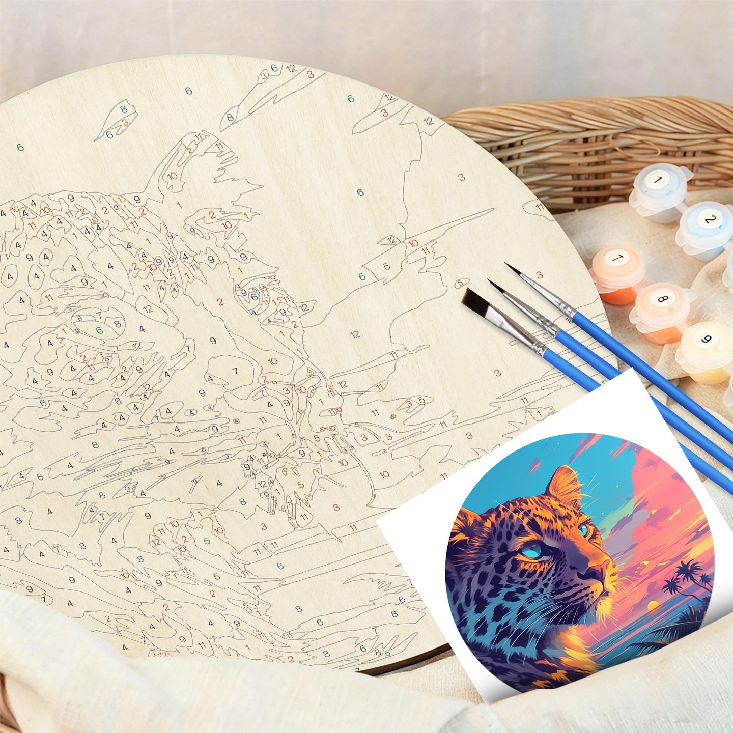 Fierce Leopard DIY. Paint by numbers on Wood Slice. 20cm.