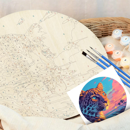 Fierce Leopard DIY. Paint by numbers on Wood Slice. 20cm.