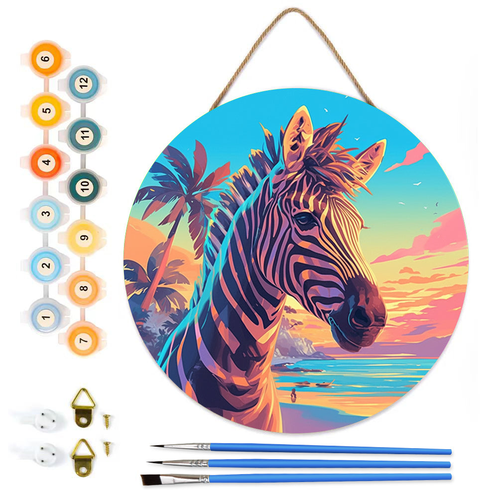 Zebra Portrait. DIY. Paint by numbers on Wood Slice.20cm