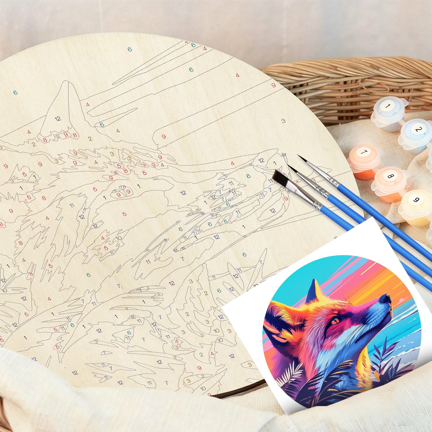 Cool European and American foxes. Paint by numbers on Wood Slice.20cm