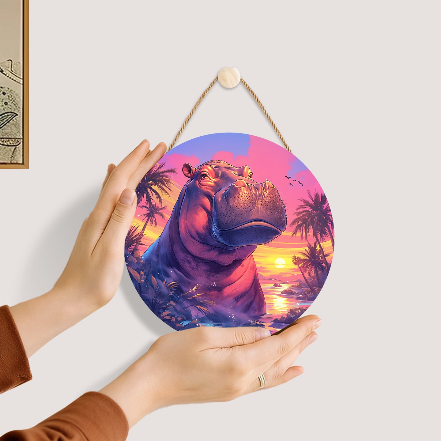 A powerful hippopotamus. Paint by numbers on Wood Slice.20cm.