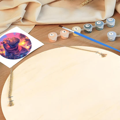 A powerful hippopotamus. Paint by numbers on Wood Slice.20cm.