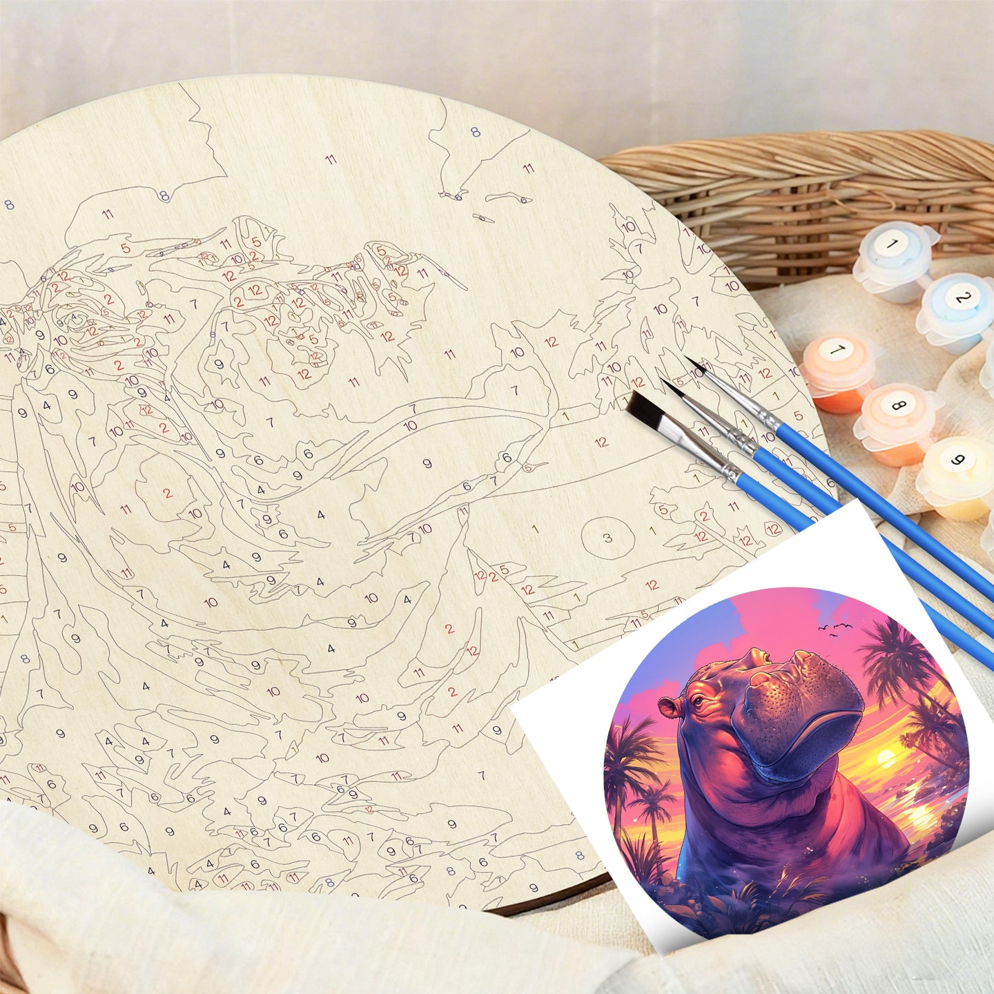 A powerful hippopotamus. Paint by numbers on Wood Slice.20cm.