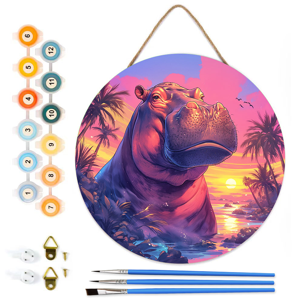 A powerful hippopotamus. Paint by numbers on Wood Slice.20cm.