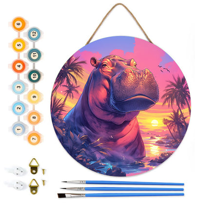 A powerful hippopotamus. Paint by numbers on Wood Slice.20cm.