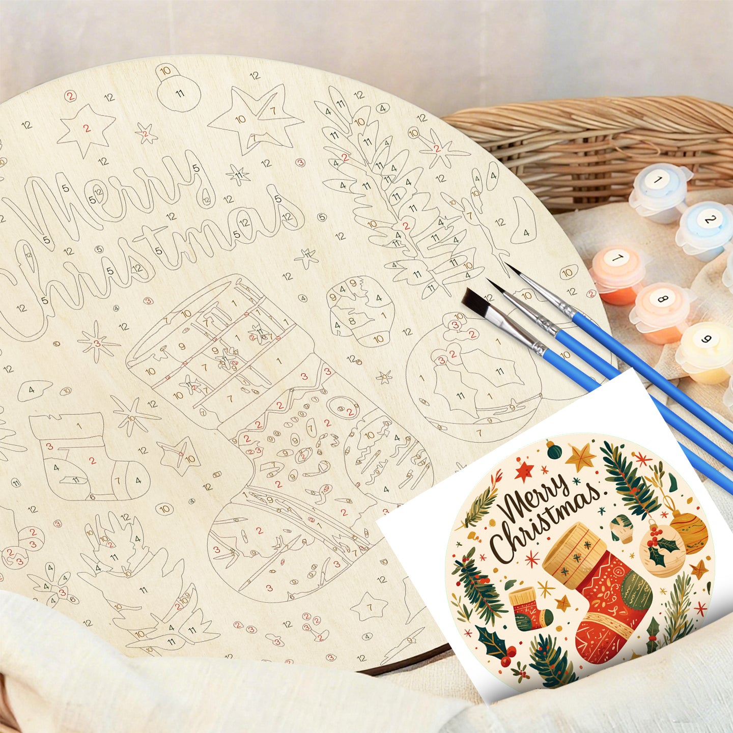 Christmas Stocking DIY. Paint by numbers on Wood Slice. 20cm.