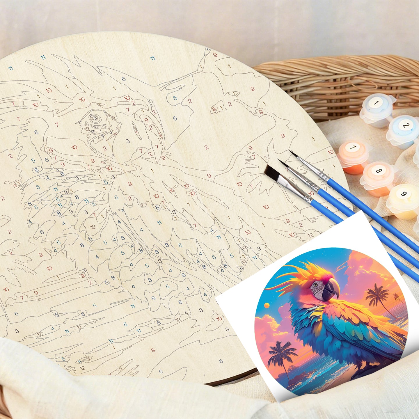 Popular parrot art paintings DIY. Paint by numbers on Wood Slice.20cm