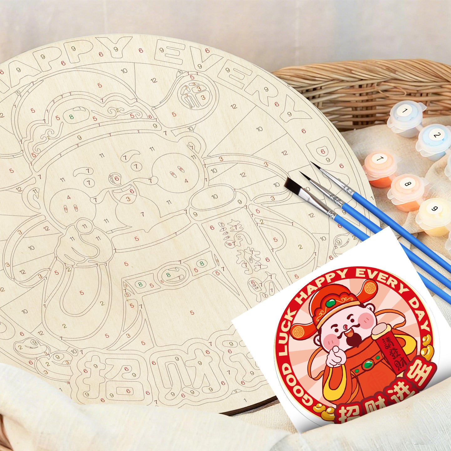 A picture of wealth and good fortune DIY. Paint by numbers on Wood Slice.20cm.