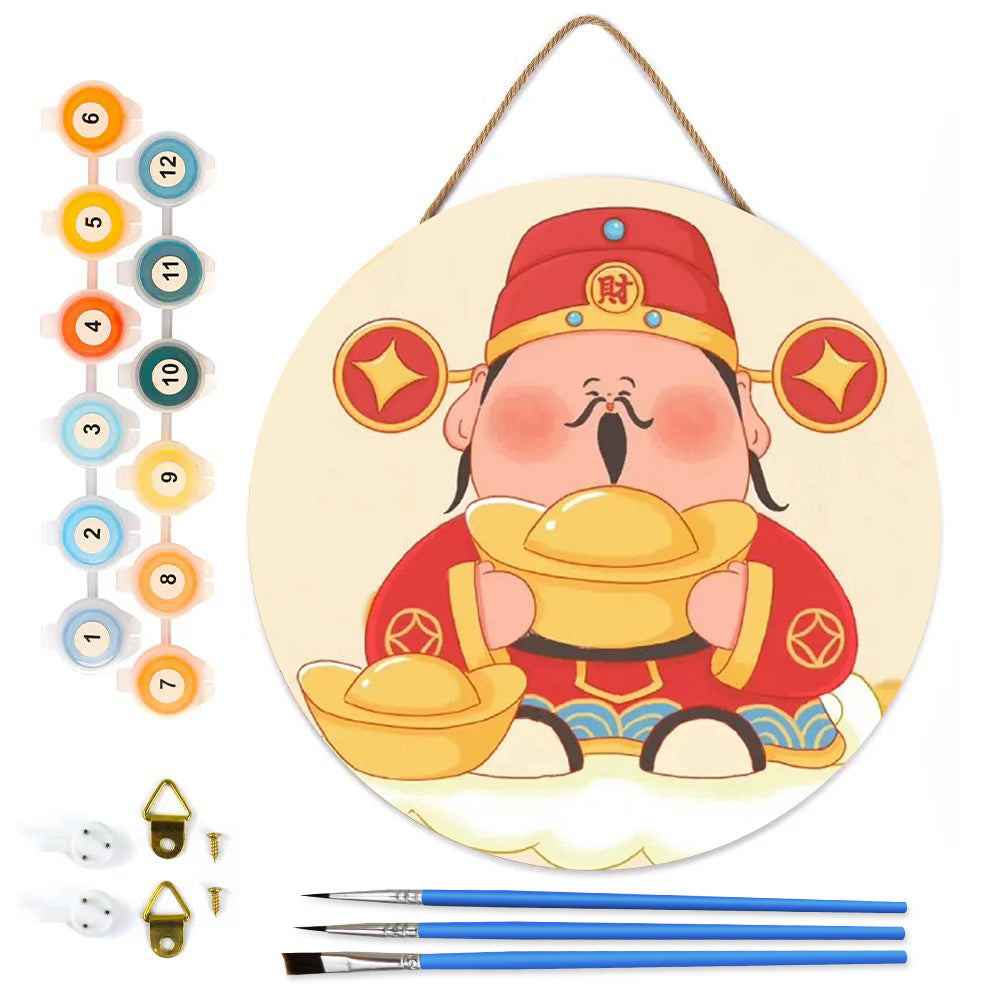 God of Wealth gives away gold ingots DIY. Paint by numbers on Wood Slice.20cm