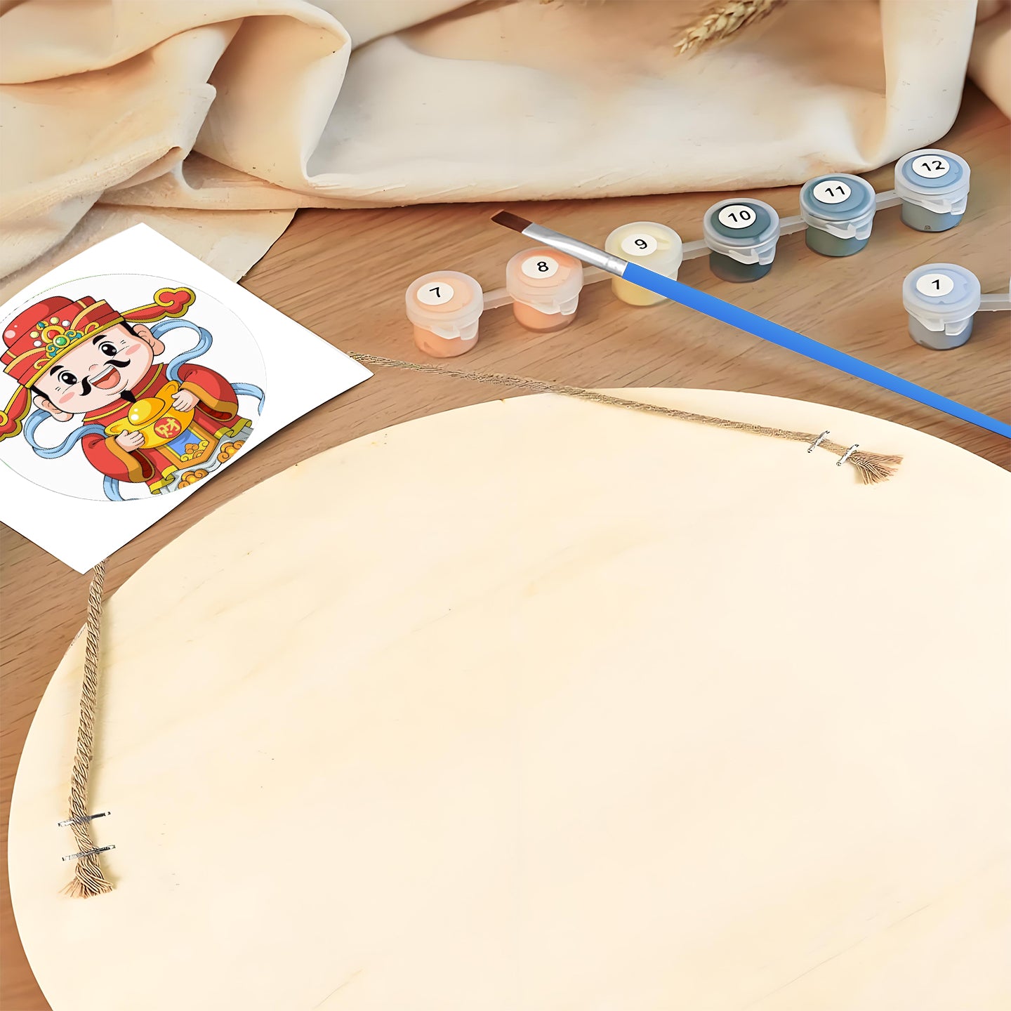 Caishen with Gold Ingots DIY. Paint by numbers on Wood Slice.20cm