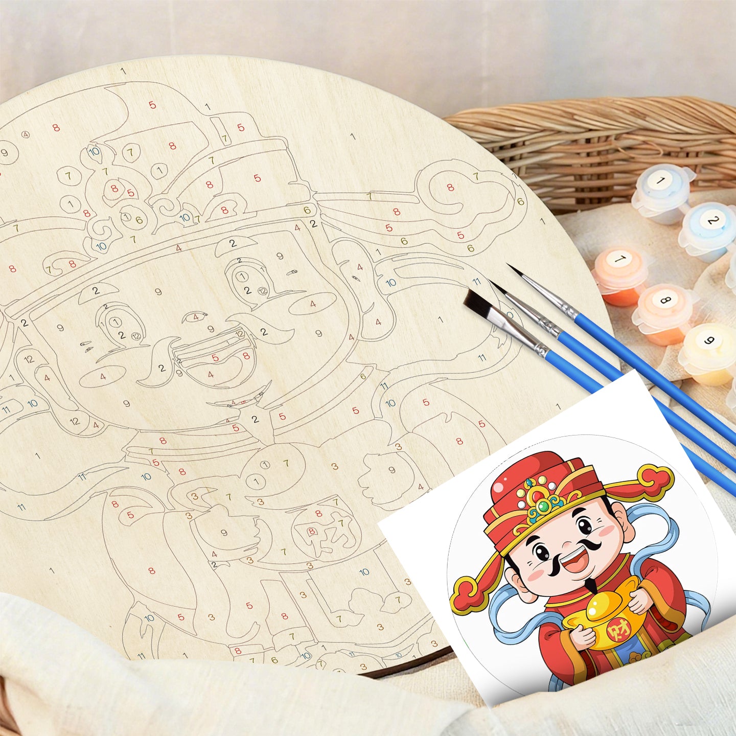 Caishen with Gold Ingots DIY. Paint by numbers on Wood Slice.20cm