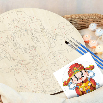 Caishen with Gold Ingots DIY. Paint by numbers on Wood Slice.20cm