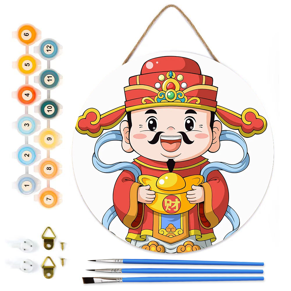 Caishen with Gold Ingots DIY. Paint by numbers on Wood Slice.20cm