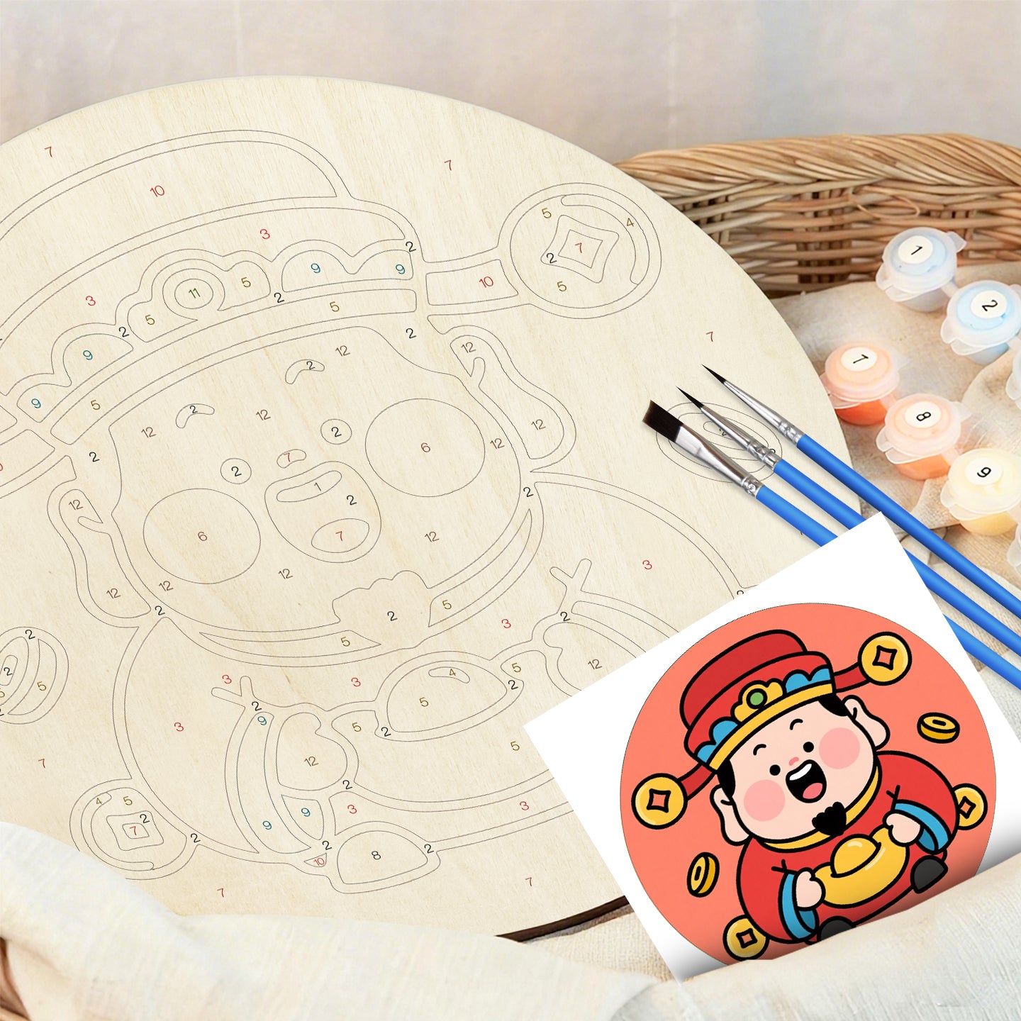 Cute CaishenDIY. Paint by numbers on Wood Slice.20cm.