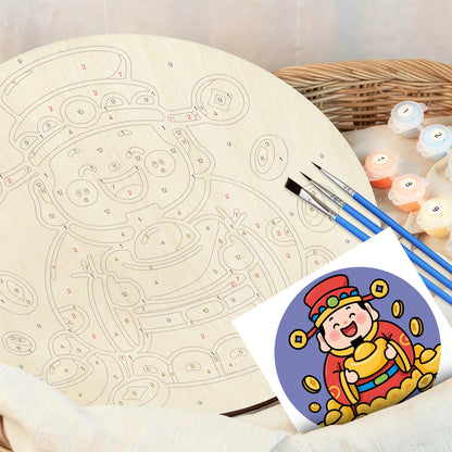 Wealth and Joyful Little God of Wealth DIY. Paint by numbers on Wood Slice.20cm