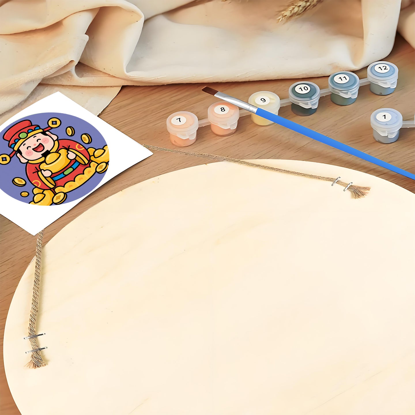 Wealth and Joyful Little God of Wealth DIY. Paint by numbers on Wood Slice.20cm