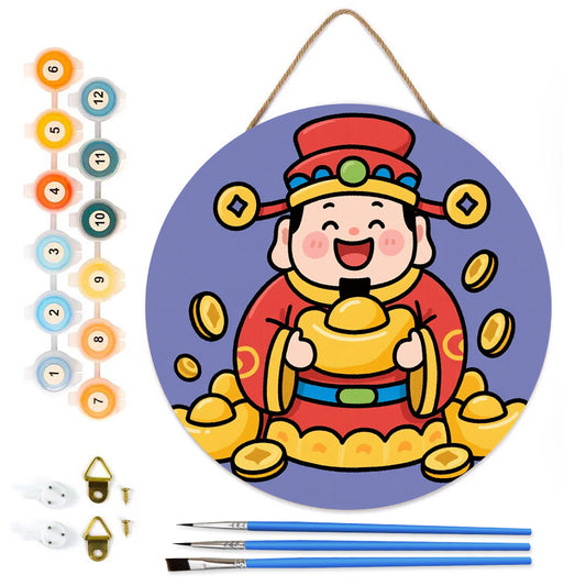 Wealth and Joyful Little God of Wealth DIY. Paint by numbers on Wood Slice.20cm