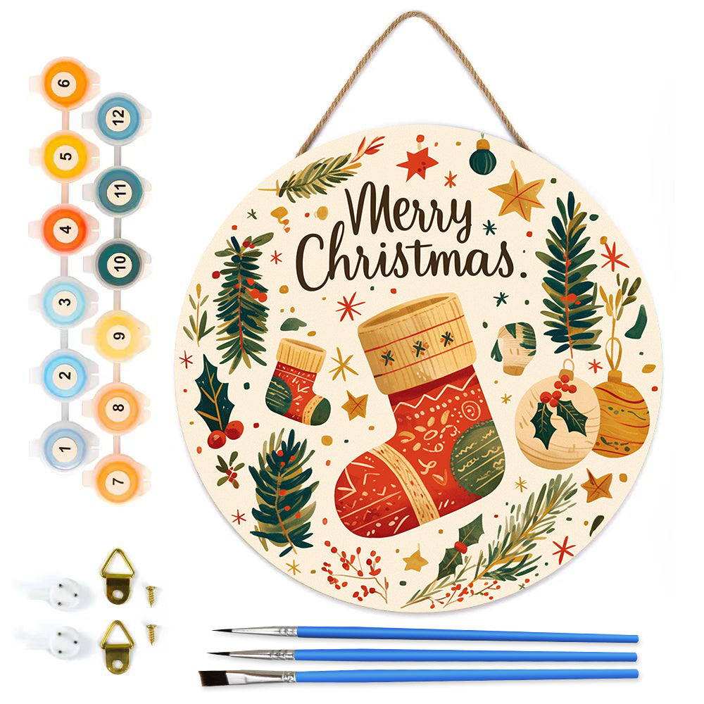 Christmas Stocking DIY. Paint by numbers on Wood Slice. 20cm.