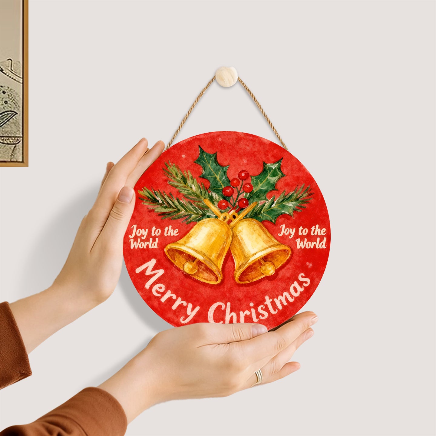 Red Christmas Bells. Paint by numbers on Wood Slice. 20cm.