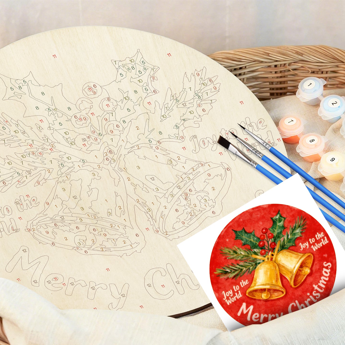 Red Christmas Bells. Paint by numbers on Wood Slice. 20cm.