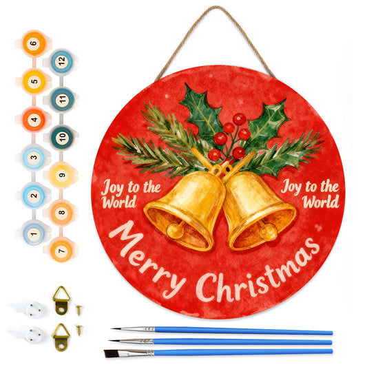 Red Christmas Bells. Paint by numbers on Wood Slice. 20cm.