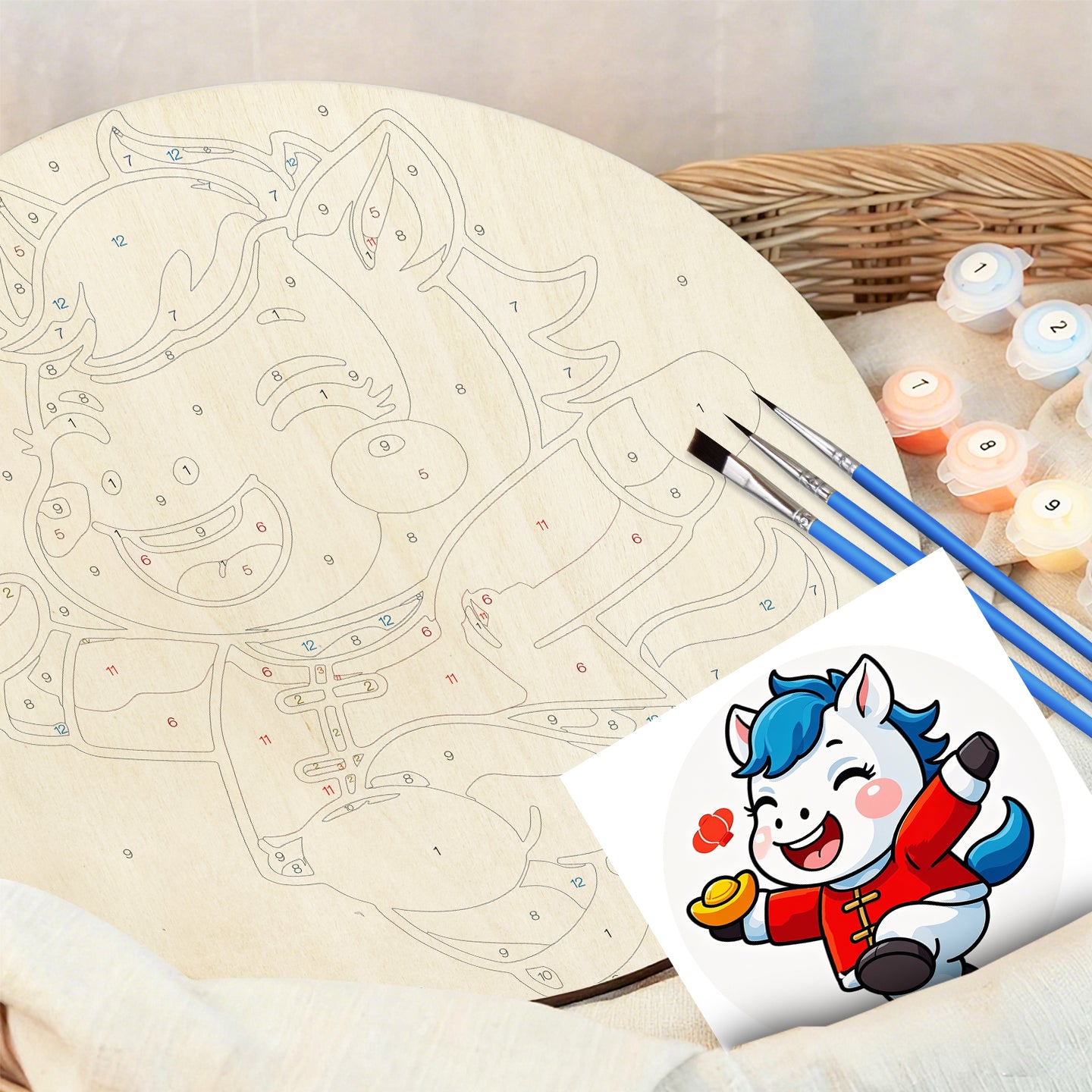 Year of the Horse. DIY. Paint by numbers on Wood Slice.20cm