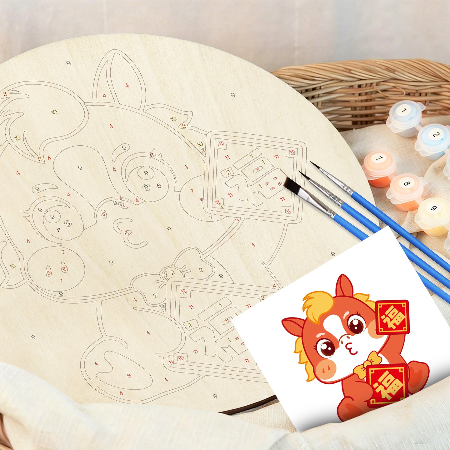 Fu Character Blessing. Paint by numbers on Wood Slice.20cm.