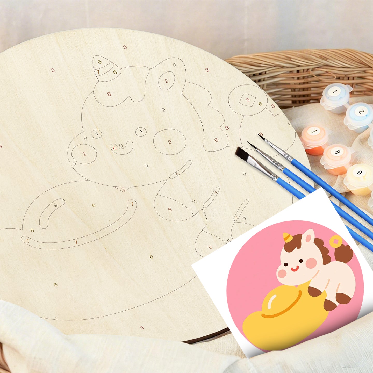 Lucky Pony and Fortune DIY. Paint by numbers on Wood Slice.20cm.