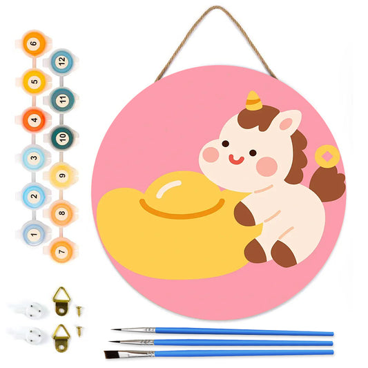 Lucky Pony and Fortune DIY. Paint by numbers on Wood Slice.20cm.