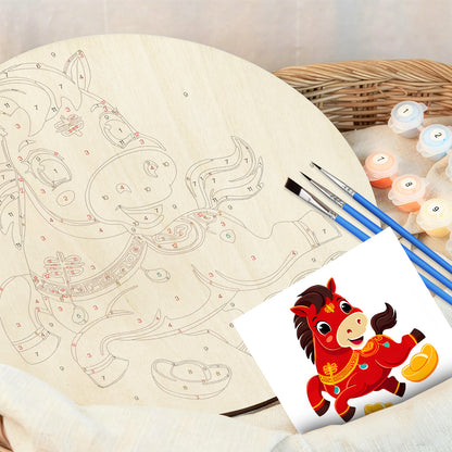 Lucky Chinese Red Pony. Paint by numbers on Wood Slice.20cm