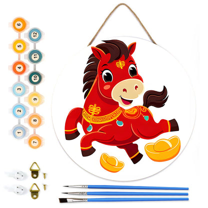 Lucky Chinese Red Pony. Paint by numbers on Wood Slice.20cm