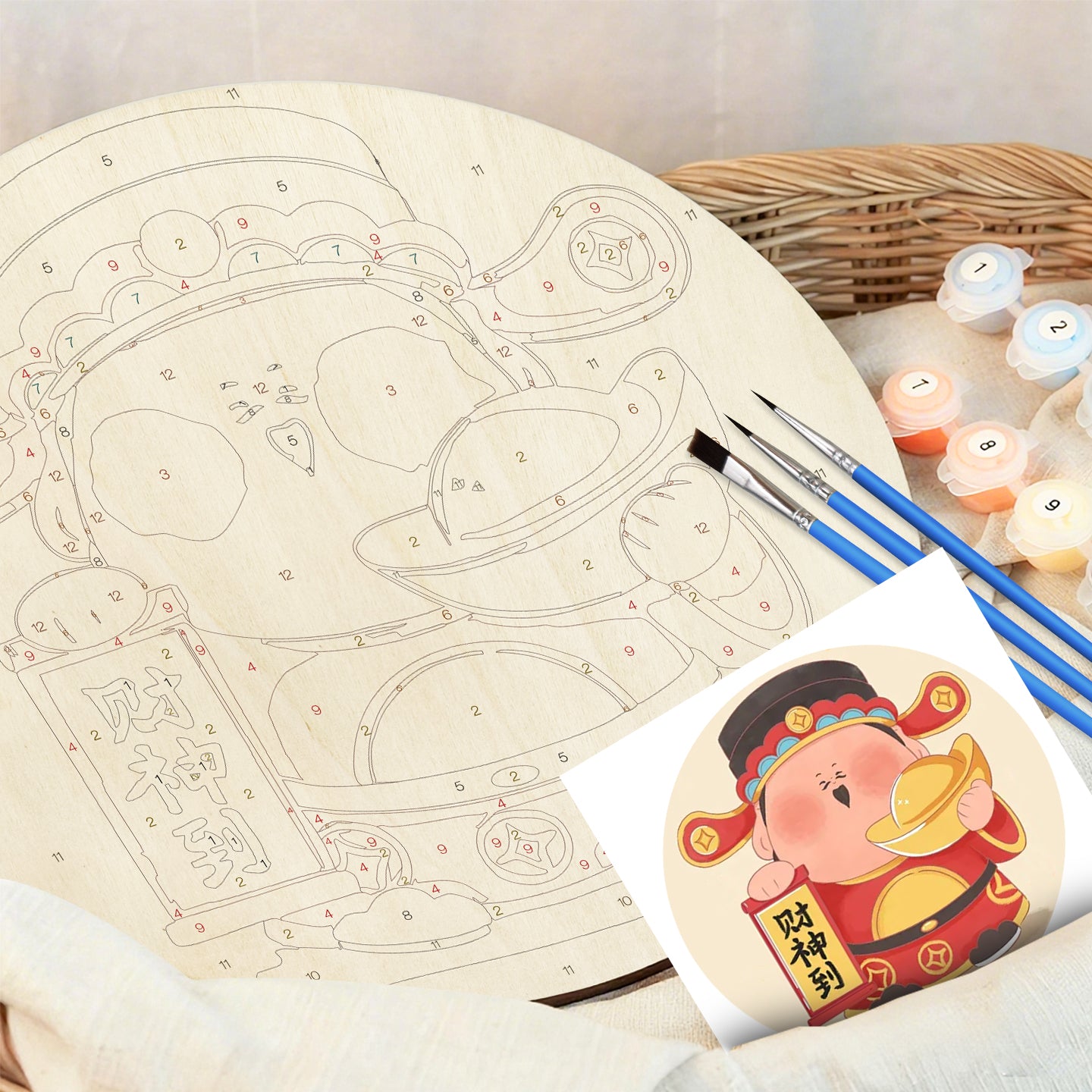 Caishen Arrival DIY. Paint by numbers on Wood Slice. 20cm