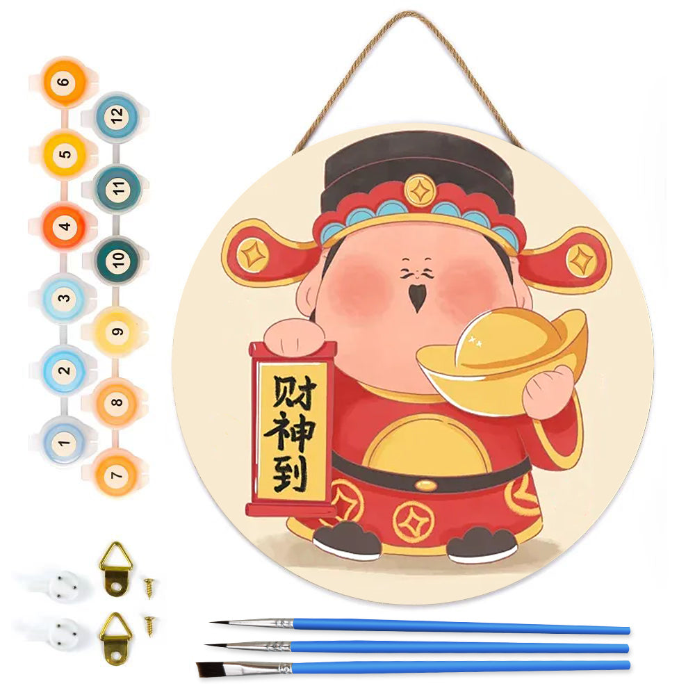 Caishen Arrival DIY. Paint by numbers on Wood Slice. 20cm