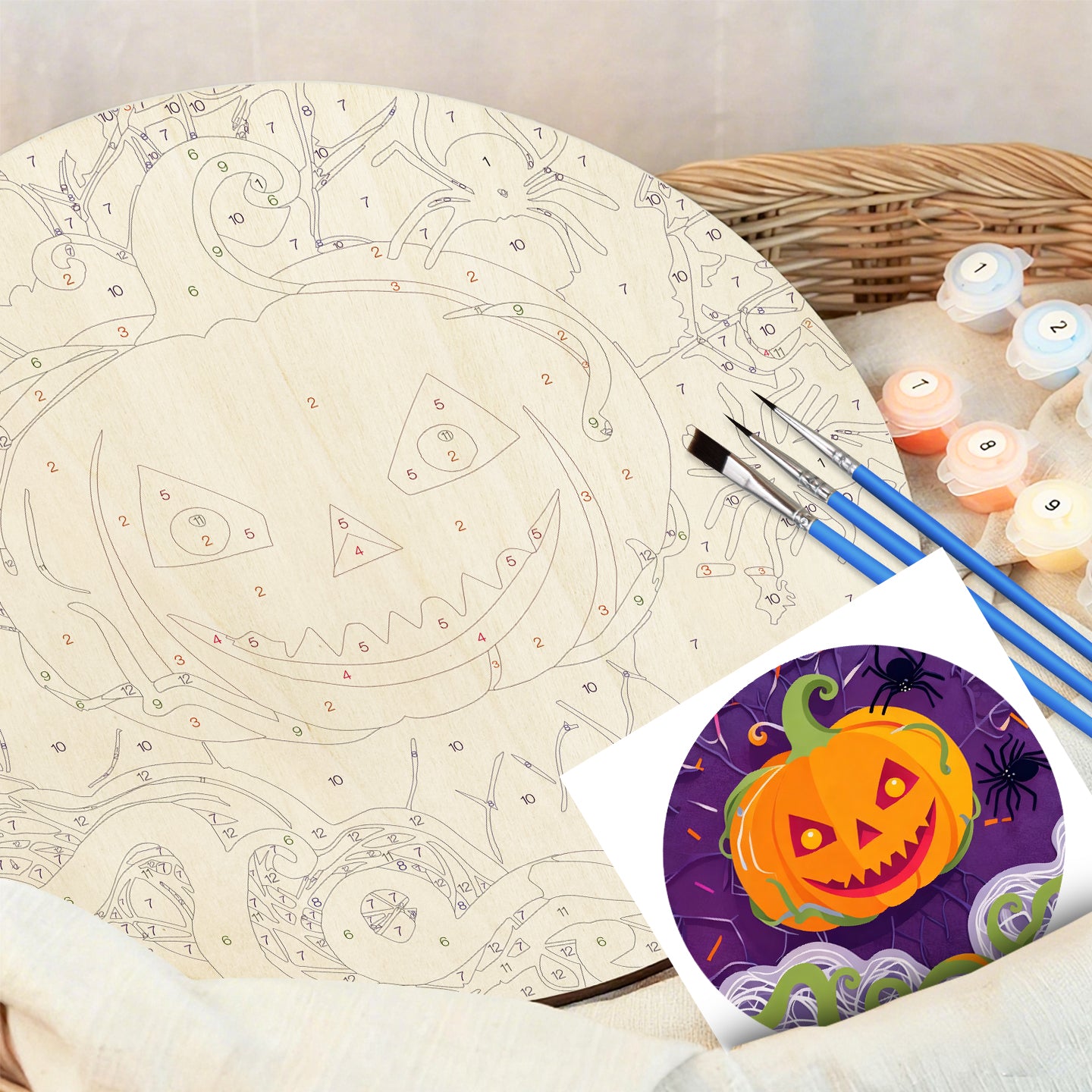 Halloween Jack O'Lantern DIY. Paint by numbers on Wood Slice. 20cm.