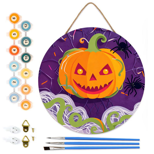 Halloween Jack O'Lantern DIY. Paint by numbers on Wood Slice. 20cm.