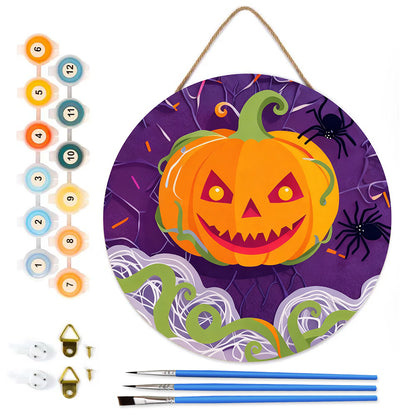 Halloween Jack O'Lantern DIY. Paint by numbers on Wood Slice. 20cm.