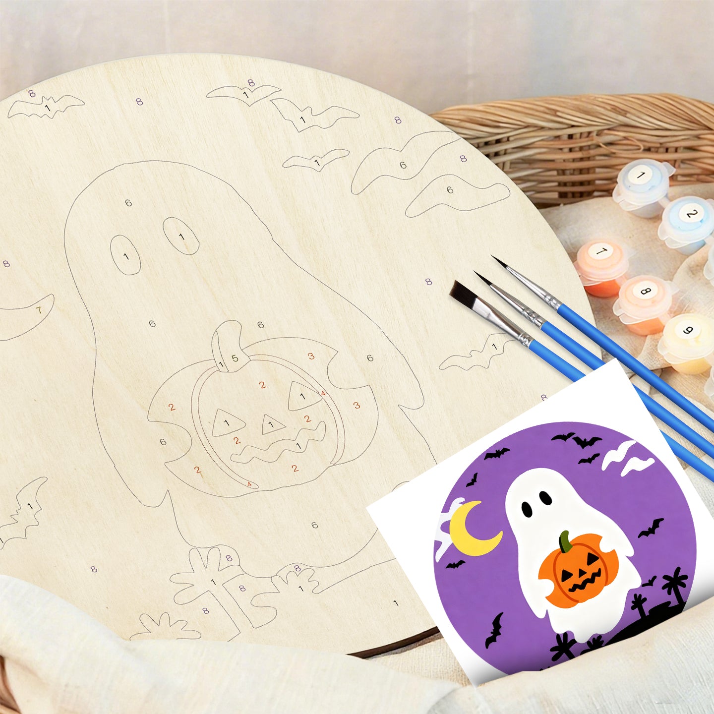 Cute Ghost DIY. Paint by numbers on Wood Slice 20cm.