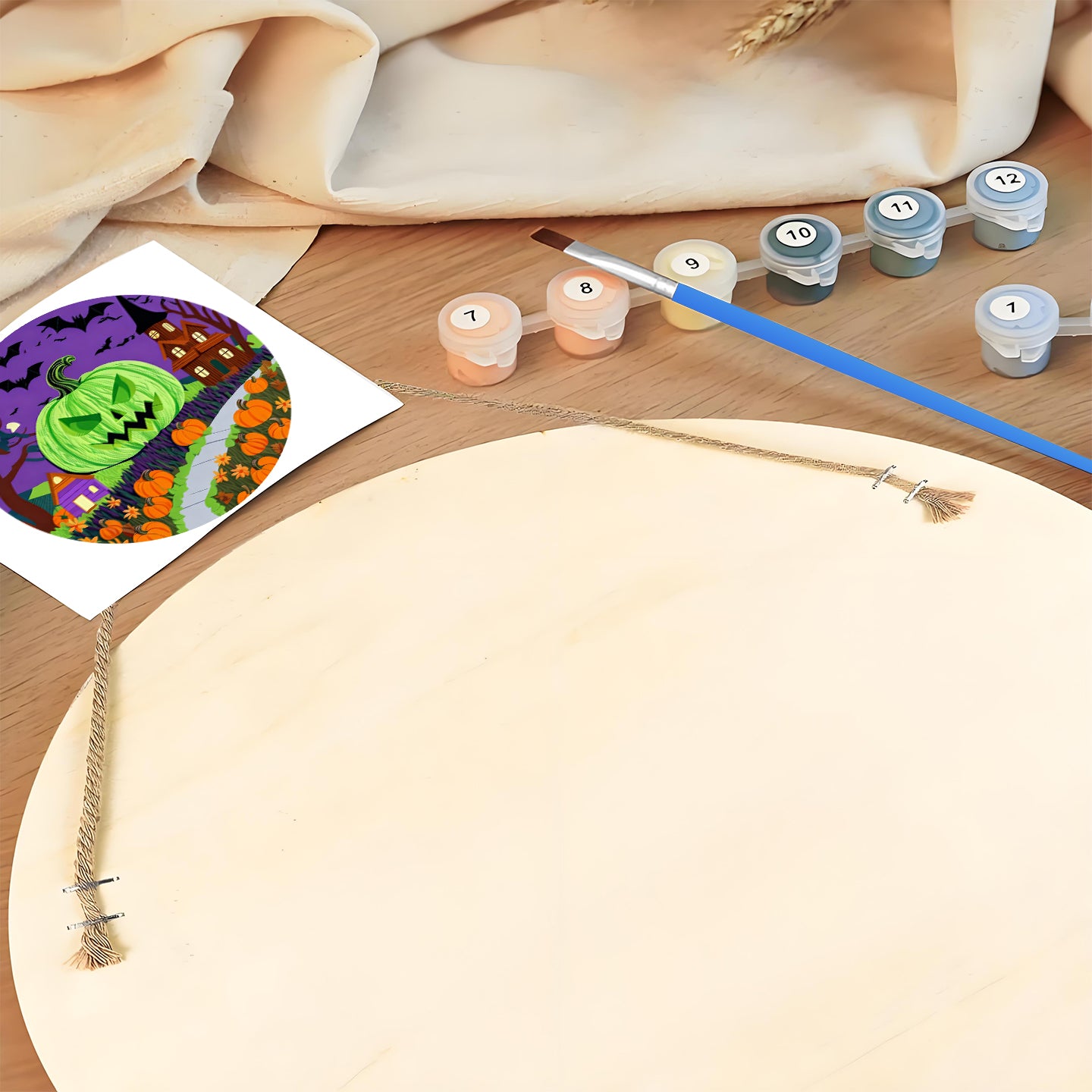 Green Pumpkin Man DIY. Paint by numbers on Wood Slice 20cm.